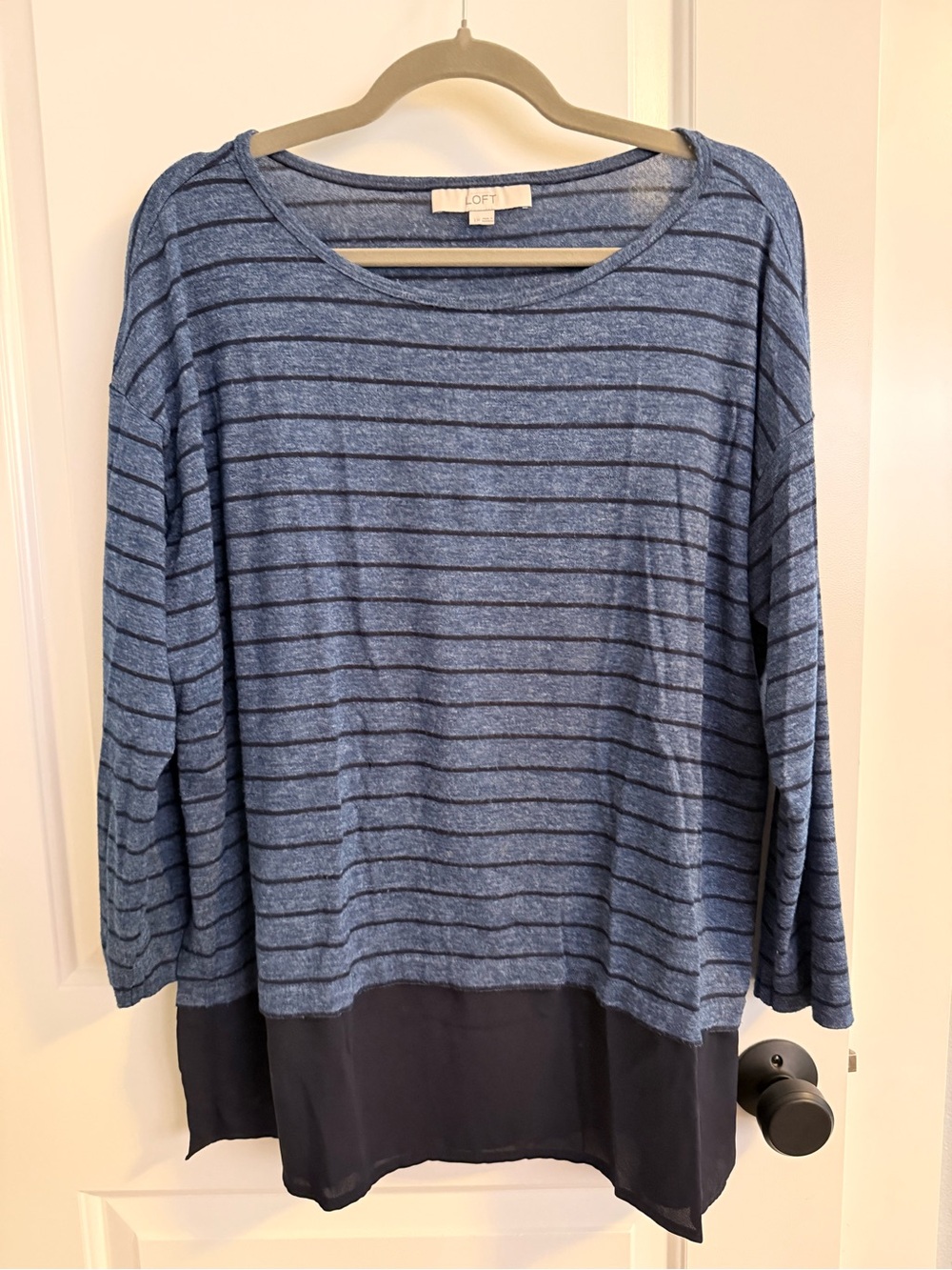 LOFT maternity Blue Striped Long Sleeve Top with Navy Layered Hem